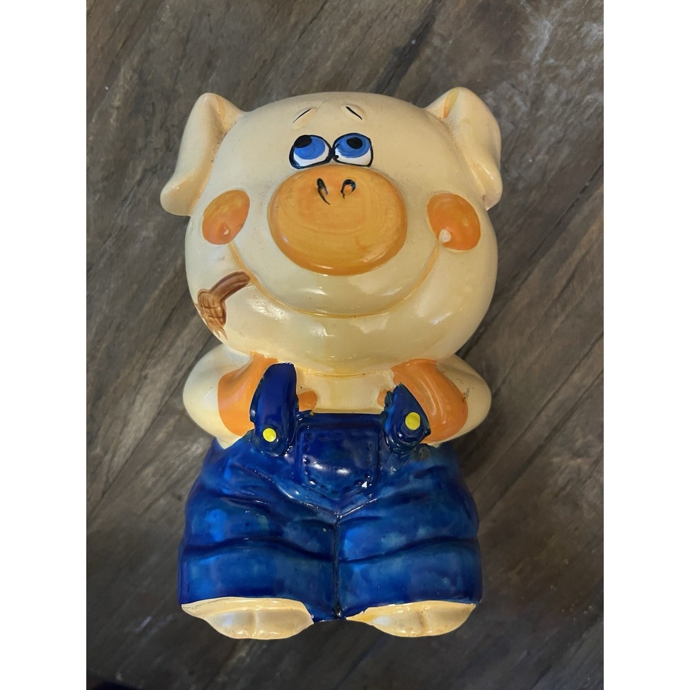 Vintage Chalkware Pig Piggy Bank – Hand-Painted Pig in Blue Jean Overalls